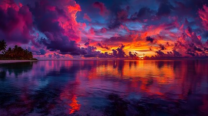 A colorful sunset over a body of water with palm trees