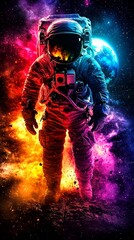 Naklejka premium an astronaut walking on the moon with a camera in his hand