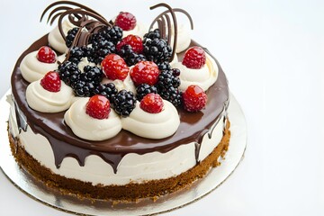 Delicious chocolate raspberry cake topped with fresh berries