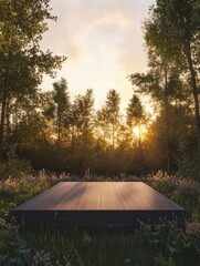 Nature retreat at sunset with wooden platform surrounded by trees and wildflowers
