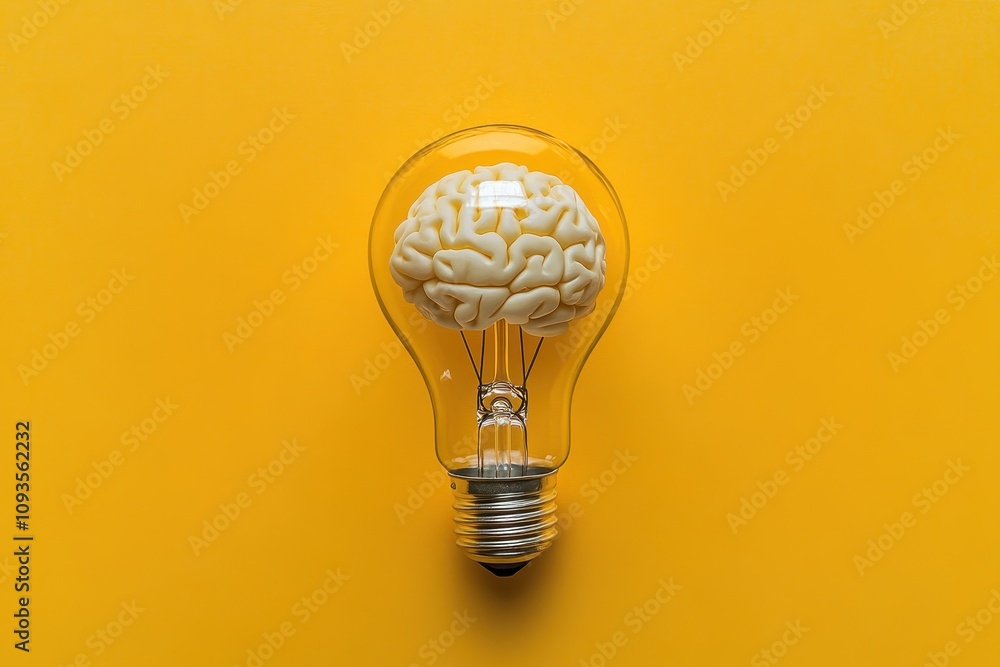 Poster a lightbulb with the filament in the shape of a brain isolated in yellow background