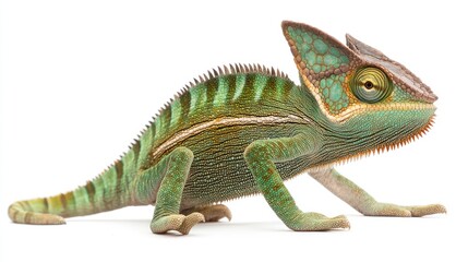 Obraz premium A vibrant green chameleon, side profile, isolated on white background.