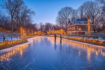 Couple Ice Skating at a Festive Outdoor Rink