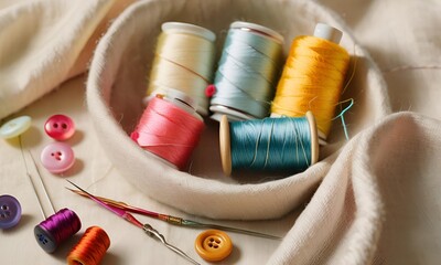 Simple Sewing Kit with a needle, thread, and buttons on a light fabric background