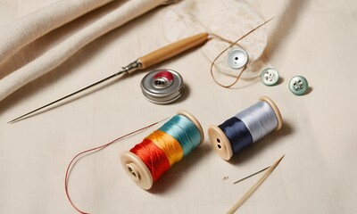 Simple Sewing Kit with a needle, thread, and buttons on a light fabric background