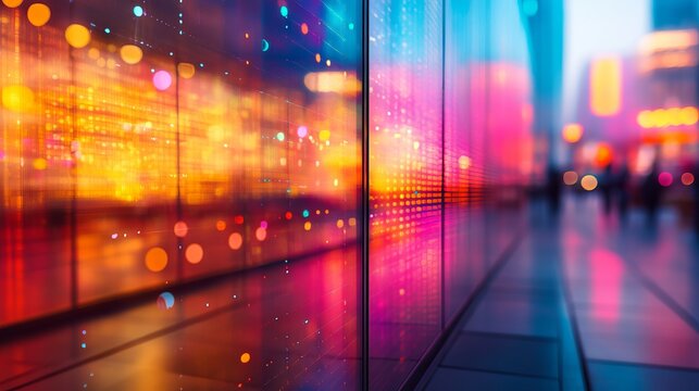 A modern urban scene where vibrant colors and lights reflect on a glossy surface, creating a futuristic and lively atmosphere, showcasing city dynamism.