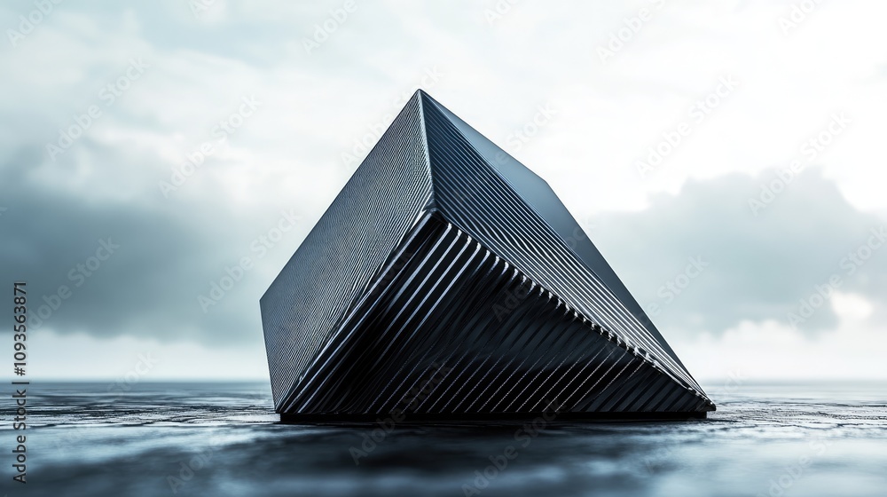 Poster futuristic dark metallic cube structure on a flat surface under a cloudy sky.