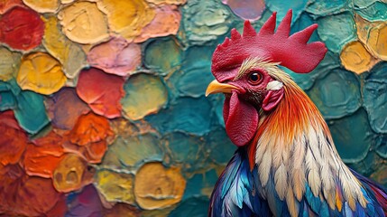 A detailed image of a rooster set against a textured and vividly colored background, emphasizing the bird's rich plumage and the artwork's dynamic style.