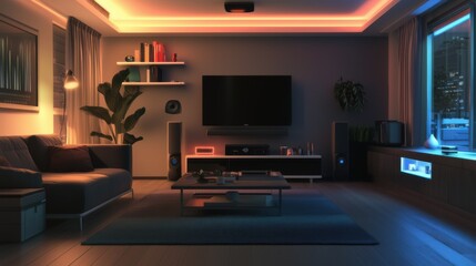 Cozy living room with modern decor and ambient lighting during evening hours
