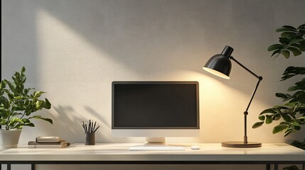 Minimalist home office workspace with computer, desk lamp, and plants.