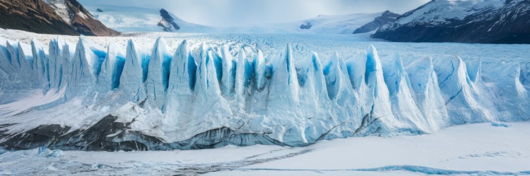 An exciting ice glacier banner with tall ice spires. Deep blue crevasses stretch across the glacier, forming a complex network of cracks. The pristine beauty and power of nature. - Powered by Adobe