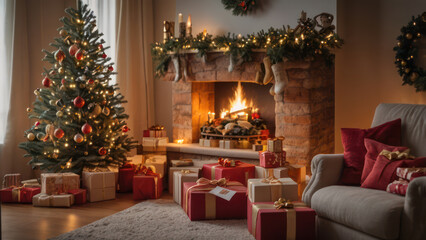 A classic fireplace mantel decorated with lush pine garlands, red and gold ornaments, and stockings.
