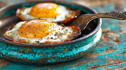 Two fried eggs in a blue bowl with a spoon
