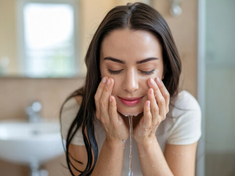 Hermosa mujer lav&aacute;ndose la cara con agua
