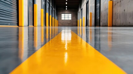 A long corridor inside an abandoned warehouse features reflective floors and vibrant yellow lines, creating a stark and striking environment filled with emptiness and potential.