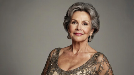 Hermosa mujer madura de unos 60 años con un vestido elegante y sensual
