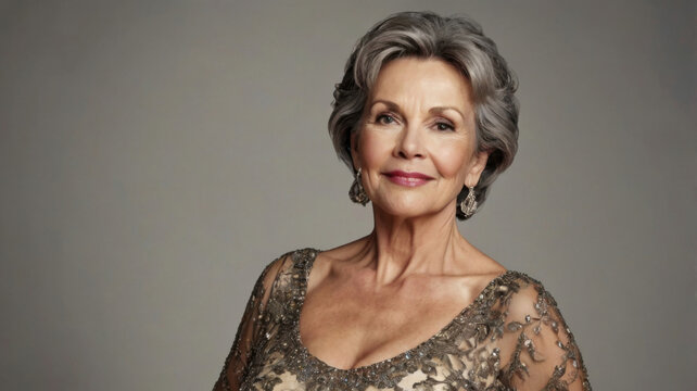 Hermosa mujer madura de unos 60 a&ntilde;os con un vestido elegante y sensual
