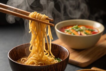 Close-up of steaming noodles lifted with chopsticks from a wooden bowl