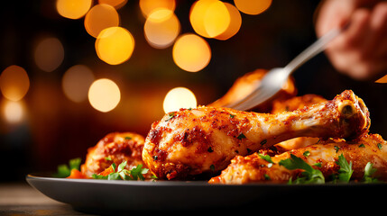 15 Crispy chicken drumstick on a plate, warm light setup, ultrarealistic, looks delicious