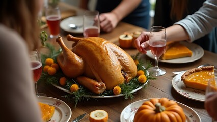 People gather for Friendsgiving around an autumnal feast featuring a roasted turkey, glassware, and a pumpkin pie on a wooden table.