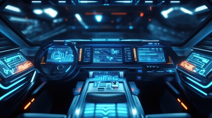 Futuristic car interior with digital dashboard and glowing controls.