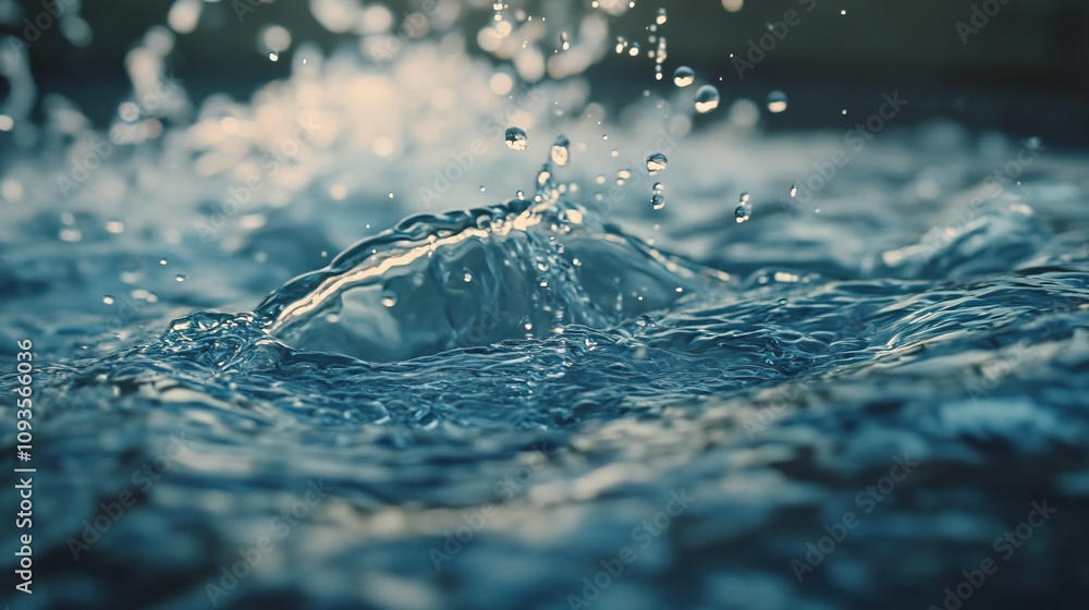 Poster close-up of water droplets splashing and creating ripples on a dark blue surface.