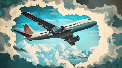 Airplane flying through clouds. Modern art style. Sky blue with white clouds. Airplane light colored. Sky view. Clouds surround plane. Great for travel posters. Commercial aviation. Cloud art.