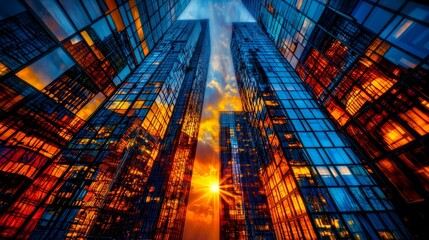 A group of tall buildings with the sun shining through them