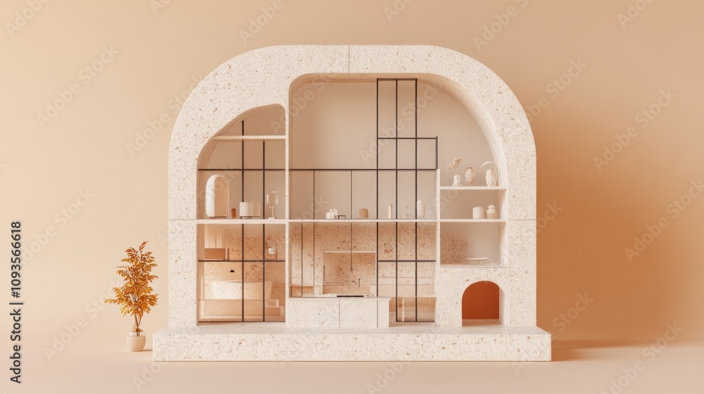Aufkleber a modern, minimalistic display shelf with various decorative items and a warm color palette.