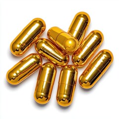 Naklejka premium A photostock of golden capsules scattered on a white background, ideal for health and wellness products. High Quality
