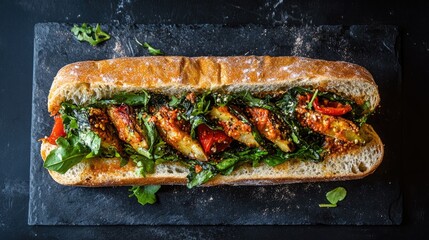 Grilled halloumi, roasted red pepper, and arugula sandwich on ciabatta bread.