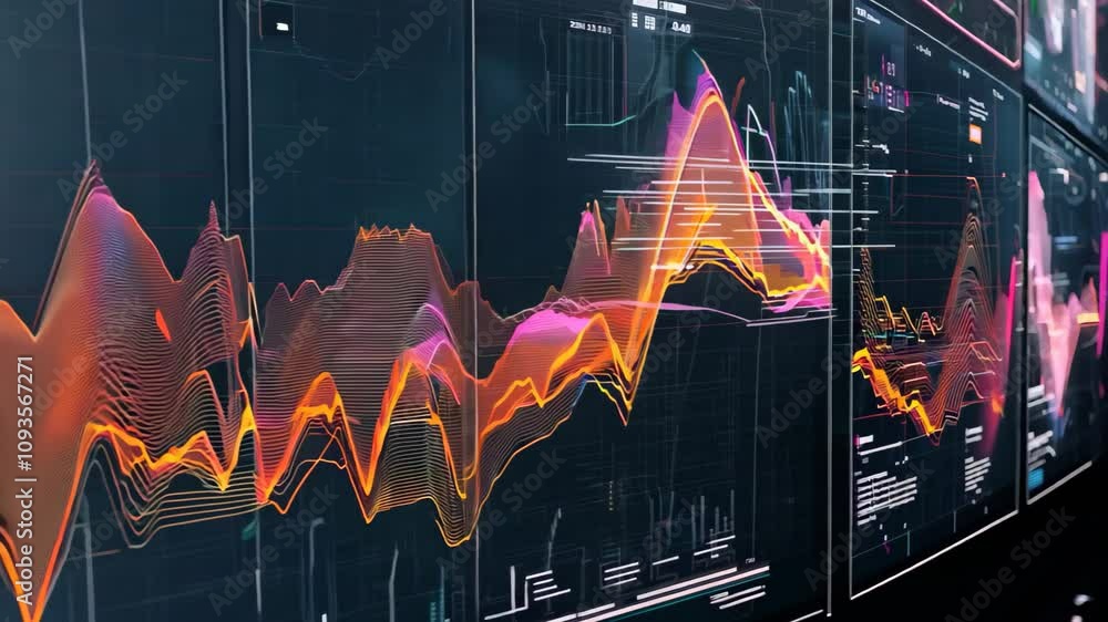 Poster a wall of monitors displays complex data visualizations in a modern, futuristic office setting, visu