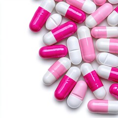 A photostock of pink and white round dietary supplements scattered on a seamless white background, perfect for wellness themes. High Quality