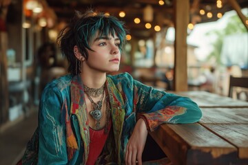 Obraz premium Young person with trendy wolf haircut sits at rustic outdoor cafe. Colorful bohemian attire mixes modern, vintage styles. Editorial fashion portrait. Person meditates. Stylish person enjoying cool