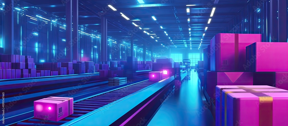 Poster automated warehouse conveyors transporting packages efficiently