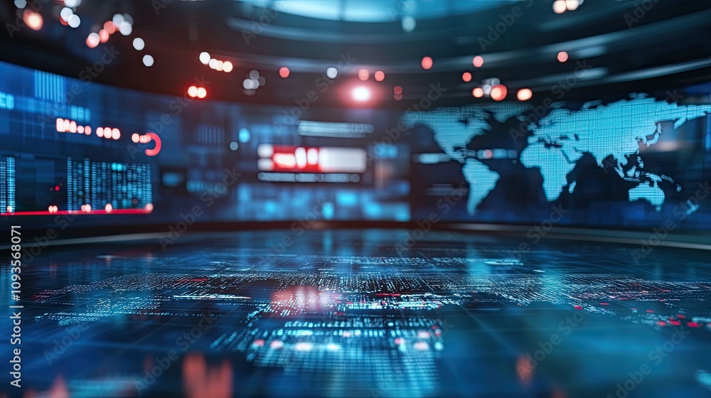 Poster futuristic digital interface with world map and data.