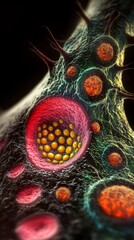 A close up of a cell with red and yellow cells