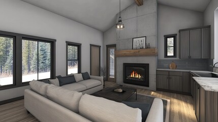 Modern cabin living room with fireplace, kitchen, and large windows.