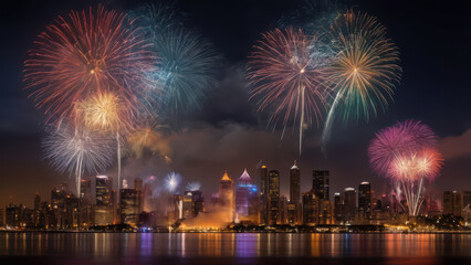 A stunning display of colorful fireworks lighting up the night sky, captured in high resolution to showcase the vibrant bursts of color