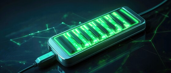 Futuristic power bank with glowing keyboard design.