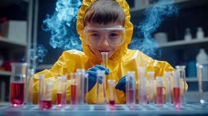 photo of smiling child in protective suit doing chemical experiment with test tubes and flasks in children's chemical physics and technology laboratory, science kids show