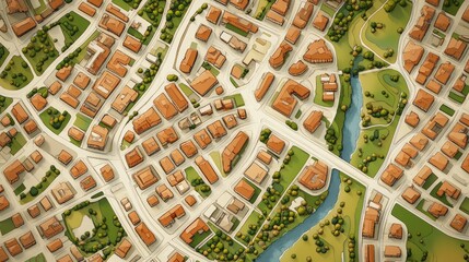 Obraz premium Aerial view of a city with buildings, roads, and a river.