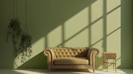 A cozy, modern living space featuring a leather sofa, side table, and hanging plants.