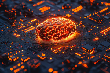 Digital Brain Surrounded by Glowing Circuits and Technological Overlays