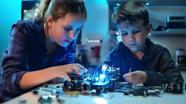 A young boy and mentor fixate on a robotics project. Capturing the essence of learning and innovation. Represents educational themes well. Realistic and engaging for educational use. Generative AI