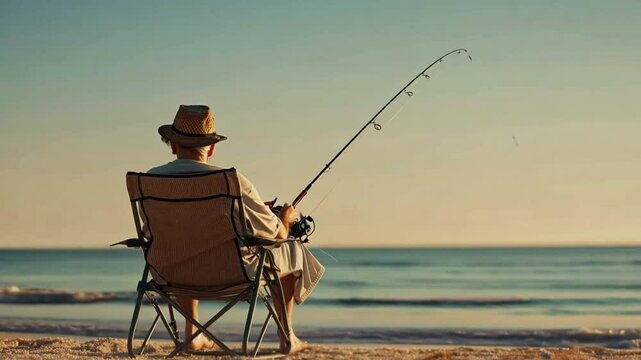An elderly man fishing by the sea during sunset. Depicts relaxation and serenity. Ideal for lifestyle, leisure, and retirement themes. Generative AI