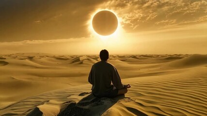 A person meditates in a desert watching a solar eclipse. The scene depicts tranquility and mystery. This artistic, surreal image is great for themes of introspection or fantasy. Generative AI