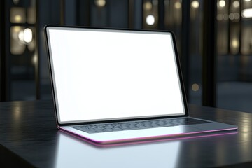 White laptop screen for copy, foreground mockup, blank screen of laptop computer on office desk, work from home concept, online meeting using device with blank screen