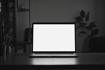 White laptop screen for copy, foreground mockup, blank screen of laptop computer on office desk, work from home concept, online meeting using device with blank screen