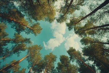 Fototapeta premium Trees in forest from below, green tops of trees, blue & white sky background